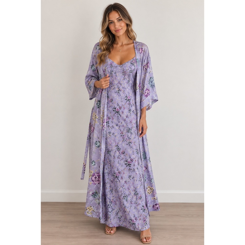 August Silk Robe Gown Set 100% Silk Purple Floral Intimates Sleep Womens Medium